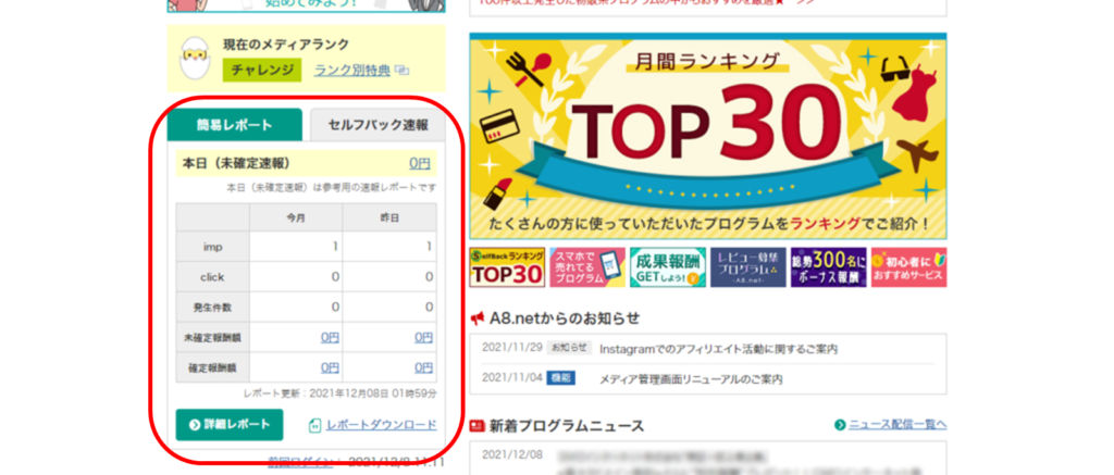 A8.net管理画面の簡易レポート・セルフバック速報